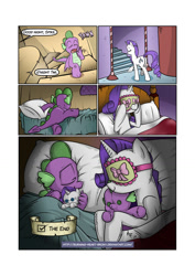 Size: 800x1133 | Tagged: safe, artist:burning-heart-brony, rarity, spike, dragon, pony, unicorn, comic:a change of heart, a change of heart, comic, crush plush, female, hilarious in hindsight, implied sparity, implied twilight sparkle, male, plushie, rarity plushie, shipping, sleep mask, sparilush, sparity, spike plushie, straight