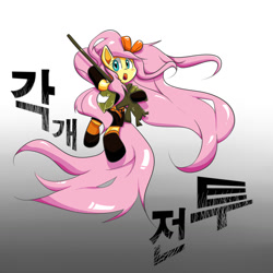 Size: 1280x1280 | Tagged: safe, artist:joycall6, fluttershy, pegasus, pony, gun, korean, seeu, solo, vocaloid