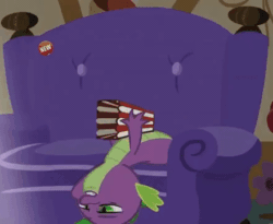 Size: 439x360 | Tagged: safe, derpy hooves, spike, dragon, pegasus, pony, animated, dark room, female, food, mare, night, ponies the anthology iii, ponies: the anthology 3, popcorn, sofa, television