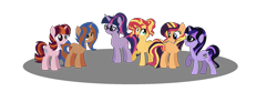 Size: 2245x743 | Tagged: safe, artist:thepegasisterpony, sci-twi, sunset shimmer, twilight sparkle, oc, oc:arpeggio twinkle, oc:everfree shine, oc:silver screen, oc:twilight stardust, alicorn, pony, alicornified, alternate hairstyle, base used, equestria girls ponified, family, female, half-siblings, lesbian, magical lesbian spawn, offspring, parent:juniper montage, parent:sci-twi, parent:sonata dusk, parent:sunset shimmer, parents:scitwishimmer, parents:sunata, ponified, race swap, raised hoof, scitwishimmer, shimmercorn, shipping, siblings, simple background, sisters, sunsetsparkle, transparent background