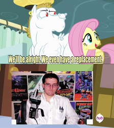 Size: 638x716 | Tagged: safe, bulk biceps, fluttershy, pegasus, pony, 1000 hours in ms paint, angry video game nerd, blonde, blonde mane, blonde tail, blue eyes, curtain, ear piercing, exploitable meme, female, looking to side, looking to the right, male, mare, meme, middle finger, ms paint, nes accessories, open mouth, piercing, pink mane, pink tail, power glove, red eyes, replacement meme, smiling, spread wings, stallion, text, white coat, wings, yellow coat