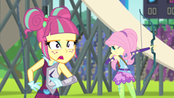 Size: 1280x720 | Tagged: safe, screencap, fluttershy, sour sweet, equestria girls, friendship games, archery, arrow, bow (weapon), bow and arrow, weapon