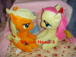 Size: 640x480 | Tagged: safe, applejack, fluttershy, appleshy, aurora, bedroom eyes, female, irl, lesbian, photo, plushie, shipping, taobao