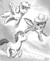 Size: 800x970 | Tagged: safe, artist:johnjoseco, edit, daring do, derpy hooves, doctor whooves, earth pony, pegasus, pony, black and white, flying, grayscale, monochrome, running