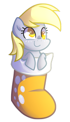 Size: 963x1670 | Tagged: safe, artist:drawntildawn, derpy hooves, pegasus, pony, christmas stocking, cute, derpabetes, female, leaning, mare, simple background, smiling, solo, transparent background