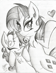 Size: 1685x2202 | Tagged: safe, artist:daisy-dictator, rarity, sweetie belle, pony, unicorn, bipedal, monochrome, sketch, traditional art