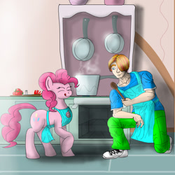 Size: 894x894 | Tagged: safe, artist:cjvselinmortal, pinkie pie, oc, oc:eliseo rossi, human, cooking, cupcake, kitchen, tomatoes