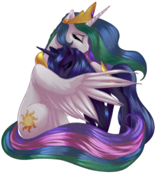 Size: 1000x1115 | Tagged: safe, artist:rizcifra, princess celestia, princess luna, alicorn, pony, eyes closed, feels, female, hug, mare, s1 luna, sad, simple background, transparent background, winghug