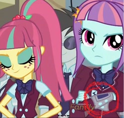 Size: 502x478 | Tagged: safe, screencap, sour sweet, sunny flare, equestria girls, friendship games, conspiracy theory, gadget, op is a slowpoke, pipboy, sunny flare's wrist devices