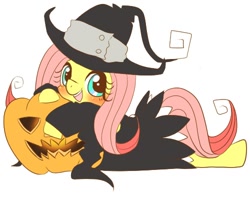 Size: 500x400 | Tagged: safe, artist:himepuppu, fluttershy, blair, blushing, clothes, cosplay, costume, crossover, cute, emiri katou, halloween, jack-o-lantern, nightmare night, pixiv, pumpkin, shyabetes, solo, soul eater, voice actor joke, witch