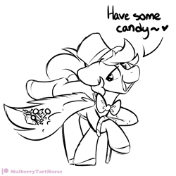 Size: 2000x2000 | Tagged: safe, artist:mulberrytarthorse, oc, oc only, oc:flavorful sweets, pegasus, pony, bowtie, candy, cane, floppy ears, food, hat, male, monochrome, solo, stallion, top hat