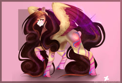 Size: 2500x1700 | Tagged: safe, artist:copshop, oc, oc only, oc:charlotte, pegasus, pony, colored hooves, colored wings, colored wingtips, female, mare, pink background, rainbow power, raised hoof, simple background, solo, spread wings, swirly markings, unshorn fetlocks, wings