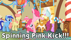Size: 960x539 | Tagged: safe, apple cobbler, berry punch, berryshine, gala appleby, minuette, pinkie pie, earth pony, pony, apple family member, caption, eyes closed, handstand, image macro, kick, meme, open mouth, upside down