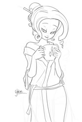 Size: 675x1013 | Tagged: safe, artist:yokal5, rarity, human, alternate hairstyle, bathrobe, clothes, humanized, monochrome, mug, nightgown, solo