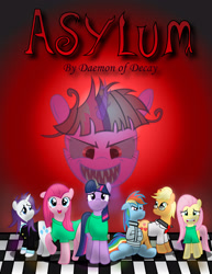 Size: 2550x3300 | Tagged: safe, artist:spellboundcanvas, derpibooru import, applejack, fluttershy, pinkie pie, rainbow dash, rarity, twilight sparkle, earth pony, pegasus, pony, unicorn, fanfic:asylum, asylum, bondage, clothes, fanfic art, horn cap, hospital gown, magic suppression, mane six, mirror twilight, pinkamena diane pie, straitjacket