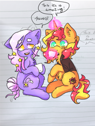 Size: 768x1024 | Tagged: safe, artist:jackytheripperart, sunset shimmer, oc, oc:sleepy thyme tea, pony, unicorn, clothes, cup, female, food, glowing horn, lined paper, magic, mare, sleepy, slit eyes, smiling, tea, teacup, telekinesis