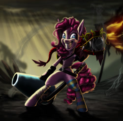 Size: 1700x1673 | Tagged: safe, artist:nochixtlan, pinkie pie, pony, bipedal, jinx (league of legends), league of legends, party cannon, smiling, solo