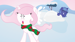 Size: 1366x768 | Tagged: safe, artist:t-3000, princess celestia, princess luna, alicorn, pony, cewestia, cute, filly, snow, snowball, snowball fight, story included, woona