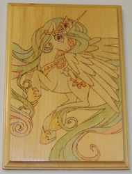 Size: 2131x2802 | Tagged: safe, artist:katiramoon, artist:rekibob, princess celestia, alicorn, pony, craft, pyrography, solo