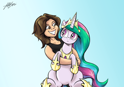 Size: 2046x1447 | Tagged: dead source, safe, artist:lovelyneckbeard, princess celestia, human, pony, confused, cute, cutelestia, frown, grin, holding a pony, hug, nicole oliver, smiling, voice actor joke