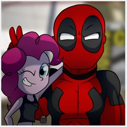 Size: 894x894 | Tagged: safe, artist:fj-c, pinkie pie, equestria girls, comic con, crossover, deadpool, midriff, pinkiepool (pairing)