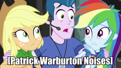 Size: 1080x607 | Tagged: safe, derpibooru import, edit, edited screencap, screencap, applejack, nervous pa, rainbow dash, equestria girls, movie magic, spoiler:eqg specials, caption, image macro, meme, patrick warburton