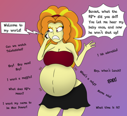 Size: 1700x1557 | Tagged: safe, artist:pacificside18, adagio dazzle, sunset shimmer, equestria girls, adagio preggo, angry, belly, belly button, big belly, breasts, cleavage, clothes, headband, humor, implied sunset shimmer, offscreen character, phone, phone call, pregnant, pregnant equestria girls, skirt, voices