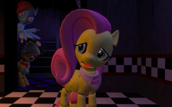 Size: 895x558 | Tagged: safe, derpibooru import, applejack, fluttershy, rainbow dash, earth pony, pegasus, pony, robot, animatronic, applefreddy, applefreddy fazjack's pizzeria, creepy, five nights at aj's, flutterchica, foxy dash, looking at you, rainbow foxy, solo, worried