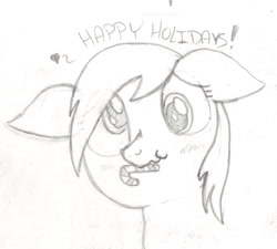 Size: 1139x1027 | Tagged: safe, derpy hooves, blushing, candy, candy cane, floppy ears, food, heart, monochrome, mouth hold, scrunchy face, solo, text