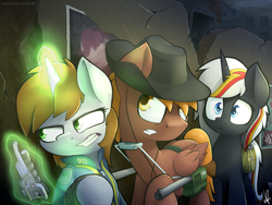 Size: 1885x1420 | Tagged: safe, artist:shinodage, pinkie pie, oc, oc only, oc:calamity, oc:littlepip, oc:velvet remedy, earth pony, pegasus, pony, unicorn, fallout equestria, battle saddle, clothes, cowboy hat, cute, dashite, fallout, fanfic, fanfic art, female, fluttershy medical saddlebag, glowing horn, gritted teeth, gun, handgun, hat, hooves, horn, levitation, little macintosh, magic, male, mare, medical saddlebag, ministry mares, optical sight, pipbuck, poster, revolver, rifle, saddle bag, stallion, teeth, telekinesis, vault suit, velamity, wasteland, weapon, wings