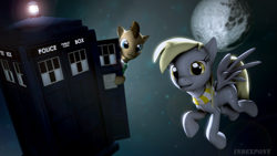 Size: 1920x1080 | Tagged: safe, artist:indexpony, derpy hooves, doctor whooves, pegasus, pony, 3d, clothes, female, light, male, mare, mare in the moon, moon, scarf, source filmmaker, space, stallion, tardis