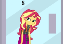 Size: 406x286 | Tagged: safe, screencap, sunset shimmer, a fine line, better together, equestria girls, animated, ball, clothes, dodge, door, jacket, leather jacket, parody, shut up, skirt