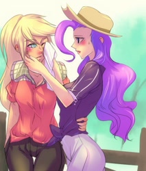 Size: 845x990 | Tagged: safe, artist:bakki, applejack, rarity, human, blushing, clothes, dirt, dirty, female, fence, freckles, handkerchief, hat, humanized, lesbian, light skin, one eye closed, rarijack, shipping, sweat