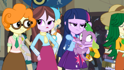 Size: 1245x701 | Tagged: safe, derpibooru import, screencap, bright idea, microchips, scribble dee, spike, sweet leaf, tennis match, twilight sparkle, velvet sky, dog, equestria girls, equestria girls (movie), background human, glasses, spike the dog, when you see it