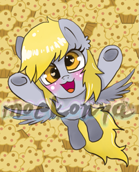 Size: 581x723 | Tagged: safe, artist:moekonya, derpy hooves, pegasus, pony, food, hug, muffin, redbubble, shopping, solo, watermark