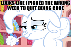 Size: 900x600 | Tagged: safe, screencap, pinkie pie, earth pony, pony, baby cakes, airplane!, caption, flour, image macro, implied, snorting, solo