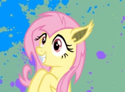Size: 602x446 | Tagged: safe, artist:dilemmas4u, fluttershy, bats!, party of one, animated, fangs, flutterbat, grin, insanity, show accurate, smiling, solo
