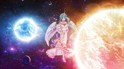 Size: 2560x1436 | Tagged: safe, artist:gpro587, artist:sakuranoruu, edit, princess celestia, human, clothes, dress, horned humanization, humanized, solo, space, stars, wallpaper, winged humanization