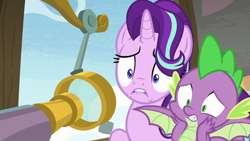 Size: 1280x720 | Tagged: safe, screencap, spike, starlight glimmer, dragon, pony, unicorn, a matter of principals, lip bite, telescope, winged spike, worried