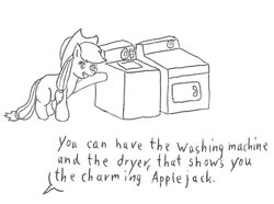 Size: 765x568 | Tagged: safe, artist:linedraweer, applejack, earth pony, pony, monochrome, solo, washing machine