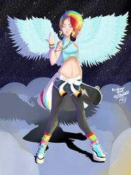 Size: 1024x1365 | Tagged: safe, artist:malukah-maker, derpibooru import, rainbow dash, human, equestria girls, rainbow rocks, belly, belly button, clothes, cloud, converse, female, humanized, leggings, midriff, night, shoes, shorts, skates, sneakers, solo, spread wings, top, wings