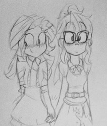 Size: 543x639 | Tagged: safe, artist:rozzertrask, sci-twi, sunset shimmer, twilight sparkle, equestria girls, blushing, clothes, cute, female, glasses, grayscale, holding hands, lesbian, looking away, monochrome, scitwishimmer, shipping, sketch, smiling, sunsetsparkle, traditional art
