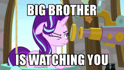 Size: 600x338 | Tagged: safe, edit, edited screencap, screencap, starlight glimmer, pony, unicorn, a matter of principals, 1984, big brother, big brother is watching, image macro, meme, solo, telescope