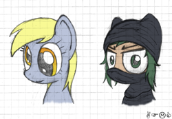 Size: 1417x980 | Tagged: safe, artist:nixianisky-alyans, derpy hooves, oc, oc:isis-chan, pegasus, pony, angry, clothes, female, islamic state, mare, ponified, traditional art