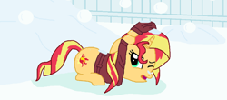 Size: 1600x706 | Tagged: safe, artist:thomaszoey3000, sunset shimmer, pony, unicorn, ducking, female, mare, not fiery shimmer, open mouth, snow, snowball, solo