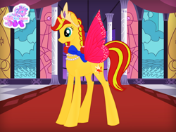 Size: 640x480 | Tagged: safe, artist:user15432, sunset shimmer, unicorn, bow, crown, fairy, fairy pony, fairy princess, fairy wings, gamekidgame, hasbro, hasbro studios, jewelry, necklace, race swap, regalia, shimmercorn, wings