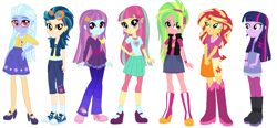 Size: 1292x602 | Tagged: safe, artist:sarahgdo, indigo zap, lemon zest, sour sweet, sugarcoat, sunny flare, sunset shimmer, twilight sparkle, equestria girls, alternate universe, clothes, converse, pantyhose, shadow five, shoes