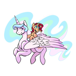 Size: 2421x2421 | Tagged: safe, artist:overlordneon, princess celestia, sunset shimmer, alicorn, pony, unicorn, female, flying, happy, horn, mare, momlestia, ponies riding ponies, riding, simple background, transparent background, wings, younger