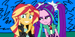 Size: 1200x600 | Tagged: safe, artist:ktd1993, aria blaze, sunset shimmer, equestria girls, clothes, crossed arms, female, jacket, leather jacket, lesbian, shipping, sunblaze