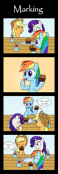 Size: 800x2376 | Tagged: safe, artist:sazanamibd, derpibooru import, applejack, rainbow dash, rarity, earth pony, pegasus, pony, unicorn, 4koma, apple brown betty (food), apple juice, comic, female, food, juice, mare, rainbow douche